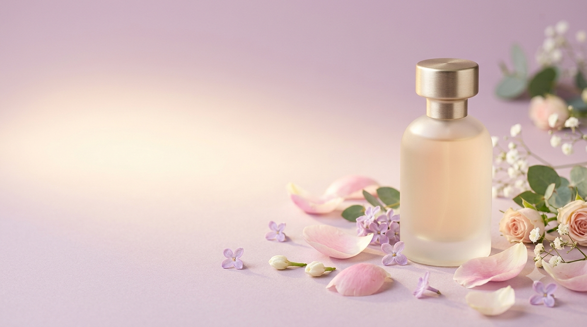 Frasco de perfume Emanella sobre fondo lila con pétalos